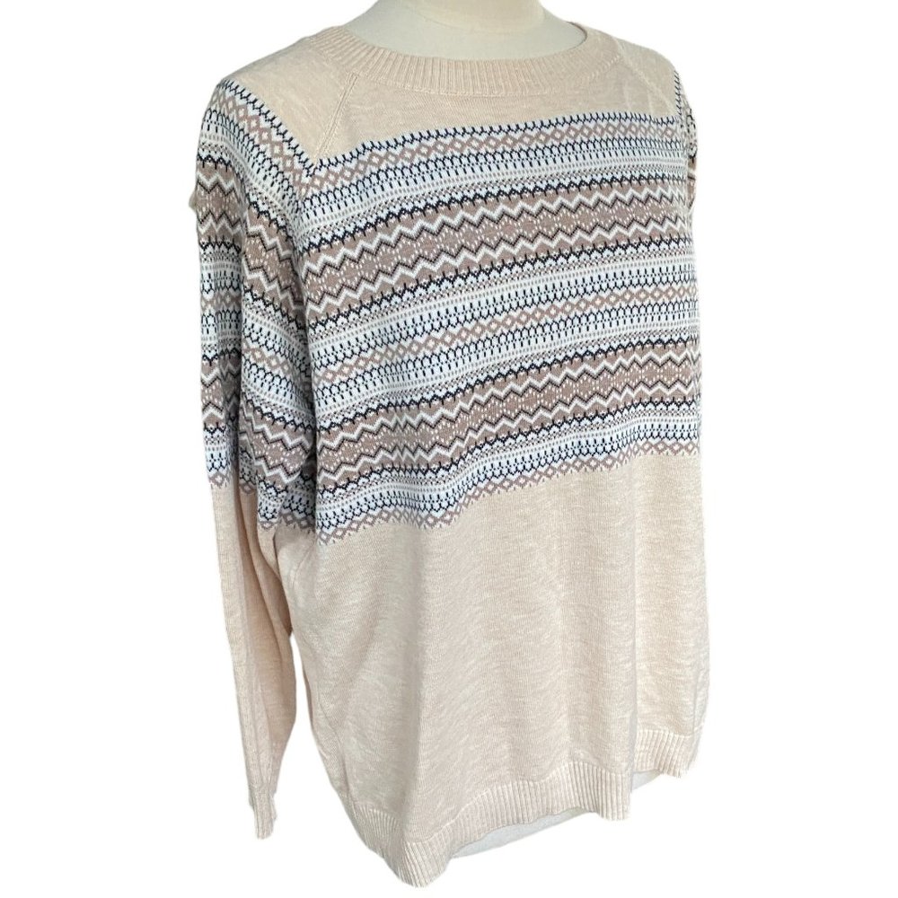 FATE Beige Neutral Fair Isle Chevron Knit Wool Blend Sweater Fisherman Coast-2XL
